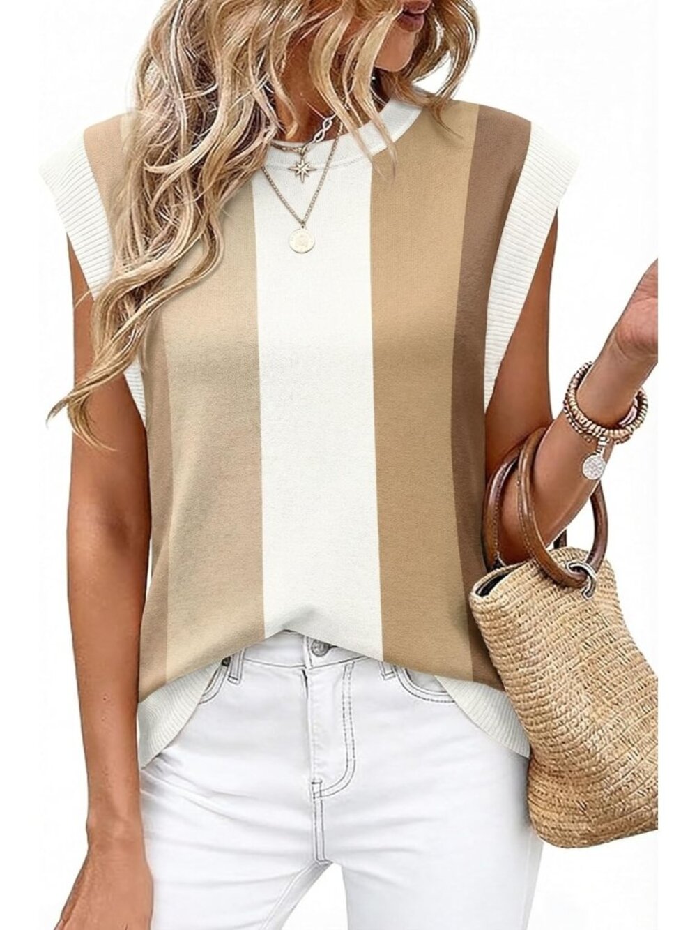 Women's Brown Crew Neck Cap Sleeve Tank Tops Business Casual Outfit T Shirts
